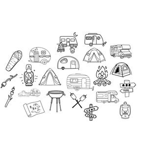 Könnte beinhalten: Schwarz-Weiß-Illustrationen zum Thema Camping. Das Bild enthält Zelte, Wohnwagen, ein Lagerfeuer, einen Schlafsack, eine Laterne, einen Grill, eine Karte und ein Schild mit der Aufschrift "Camp Tent".