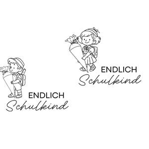 May include: Black and white line art illustrations of children with school supplies. Each child holds a large cone-shaped bag. The text "ENDLICH Schulkid" is written below the illustrations.