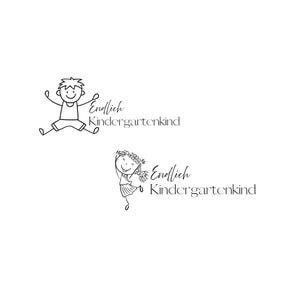 May include: Black and white line art illustration of two children. One is a boy jumping with arms raised, the other is a girl holding flowers. The text "Endlich Kindergartenkind" is written in script next to each child.