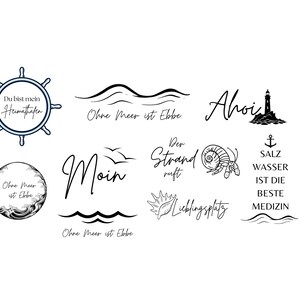 Könnte beinhalten: Eine Sammlung maritimer Designs in Schwarz und Weiß. Die Designs umfassen ein Steuerrad, Wellen, einen Leuchtturm, einen Anker und verschiedene Sätze wie "Du bist mein Heimathafen" und "Moin".