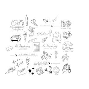 Può includere: Illustrazione in bianco e nero di oggetti a tema scolastico. Include uno zaino, libri, matite, forbici, una calcolatrice e il testo che dice "Schulkind" e "Zur Einschulung".