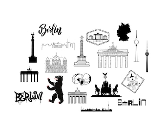 Può includere: Illustrazione in bianco e nero di simboli di Berlino. Include la Porta di Brandeburgo, un orso, la Torre della televisione di Berlino e la parola "Berlino" in vari caratteri. Design a tema viaggio.