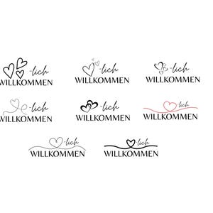 May include: A selection of black and red line art designs featuring the German word "Willkommen" (Welcome). Each design includes the word "Willkommen" with a heart or hearts and the suffix "-lich".