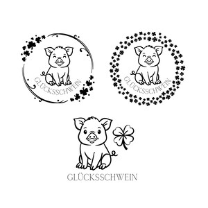 May include: Three black and white illustrations of a pig with the German text "GLÜCKSSCHWEIN". Two illustrations feature the pig inside a circular frame with shamrocks. The third illustration shows the pig next to a shamrock.