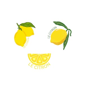 Puede incluir: Ilustraciones de limones amarillos con hojas verdes. Los diseños incluyen limones enteros y una rodaja de limón, cada uno con el texto "LE CITRON" en disposición circular. Las ilustraciones están sobre un fondo blanco.
