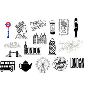 Inghilterra Gran Bretagna Bundle PNG SVG file - scarica file plotter - svg png - Queen London Eye Tower Bridge Big Ben Tea Cabs Londra