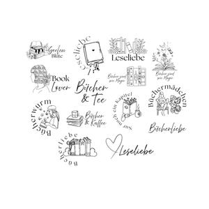 May include: A collection of black and white line art illustrations and text related to books and reading. The designs include images of books, coffee cups, and people reading, with phrases like "Book Lover" and "Leseliebe".