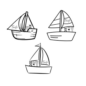 May include: Three black and white sailboat illustrations. Each boat has a sail with the word "Taufe" written on it. Each boat has a different combination of animal illustrations, including a raccoon, giraffe, and zebra.