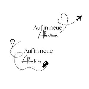 Peut inclure: Graphique noir et blanc sur fond blanc avec le texte "Auf in neue Abenteuer". Il comprend une ligne pointillée avec une épingle de localisation, une voiture, un avion et un cœur, évoquant le voyage.