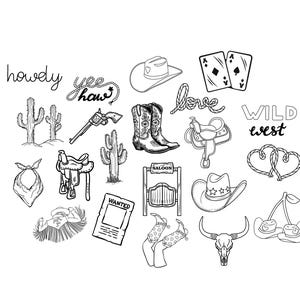 Könnte beinhalten: Schwarz-Weiß-Illustrationen mit Western-Motiven, darunter Cowboyhüte, Stiefel, eine Pistole, ein Sattel, ein Fahndungsplakat und die Wörter "howdy", "yee haw", "love" und "Wild West".