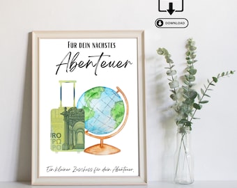 Cash gift for travel - Last minute gift of money - Printable PDF download - Travel fund, vacation money, travel adventure, travel voucher