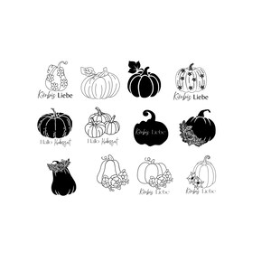 May include: A selection of black and white pumpkin illustrations. Some are solid black, others are outlined, and some feature floral decorations. The text includes "Kirbis Liebe" and "Hallo Kurbissagt".