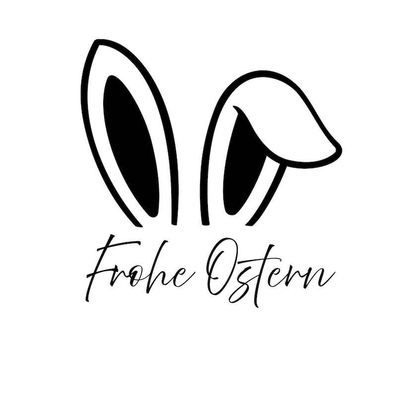 Könnte beinhalten: Schwarz-weiße Grafik von Hasenohren mit dem Text "Frohe Ostern" in Schreibschrift. Die Hasenohren sind schwarz umrandet mit weißem Innenraum. Der Text ist ebenfalls schwarz.