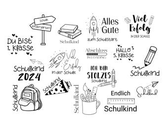 Può includere: Illustrazioni in bianco e nero a tema scolastico, tra cui un razzo, una matita, uno zaino, un cappello di laurea e testo che dice "Schulkind" (tedesco per "bambino della scuola") e "Viel Erfolg" (tedesco per "Buona fortuna").