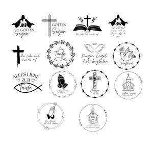 Könnte beinhalten: Eine Sammlung schwarz-weißer Grafiken mit religiösen Motiven. Designs umfassen Kreuze, Tauben, betende Hände und Kirchenillustrationen, mit deutschem Text wie "Gottes Segen" und "Zur Taufe". Geeignet für Taufe oder Firmung.