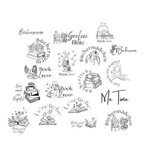 Könnte beinhalten: Eine Sammlung von Schwarz-Weiß-Strichzeichnungen mit Buchmotiven. Die Designs umfassen Bücherstapel, lesende Figuren, florale Akzente und Sätze wie "Book Lover" und "Me Time."