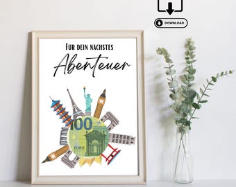 Cash gift for travel - Last minute gift of money - Printable PDF download - Travel fund, vacation money, travel adventure, travel voucher, world