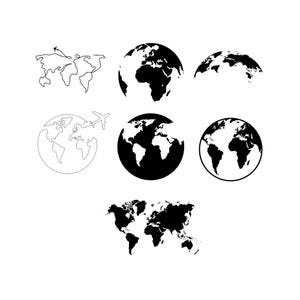 May include: A collection of black and white world map illustrations. The image includes various representations of the Earth, including globes and outlines, with some featuring airplanes. The designs are suitable for travel or geography-themed projects.