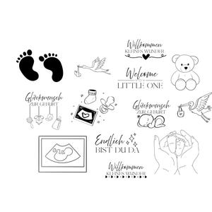 Paquete de nacimiento de bebé, archivo PNG SVG - Descargar archivo de trazador - Archivo de trazador - Cigüeña, osito de peluche, familia, amor, familia, recién nacido - Refranes alemanes