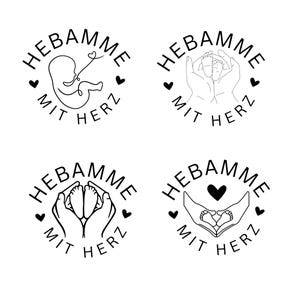 May include: Four circular black and white logos featuring the text HEBAMME MIT HERZ. The designs include line art illustrations of a fetus, cupped hands holding baby feet, and a heart symbol, arranged in a grid on a plain white background.