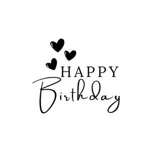 Puede incluir: Fondo blanco con las palabras negras "HAPPY Birthday" y tres formas de corazón negras. La palabra "Birthday" está en una fuente cursiva.