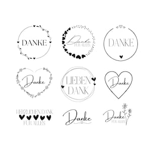 Könnte beinhalten: Neun schwarz-weiße Grafikdesigns mit dem Wort "Danke" in verschiedenen Schriftarten und Stilen. Einige Designs enthalten Herzen, florale Elemente und den Satz "Für Alles."