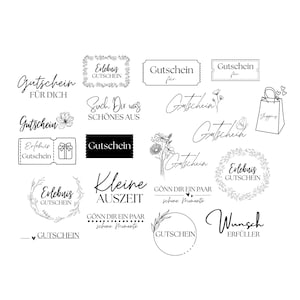 May include: A selection of black and white gift voucher designs, featuring diverse fonts and floral or decorative details. Text includes "Gutschein", "Für Dich", "Such Dir was Schönes Aus", and "Kleine Auszeit".