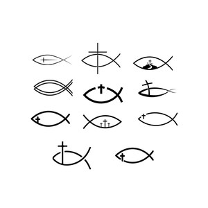 May include: A selection of black Christian fish symbols, each with a distinct design. Some incorporate crosses, while others are simple outlines. The symbols are displayed on a white background, presenting a range of religious imagery.