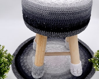 Crochet Round Footstool Cover set,Ottoman Footrest Pouffe Chair Stool Cover, 4 crochet Leg covers. handmade  cotton crochet  Cover (Grey)