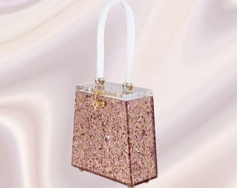 Month of May Gold Copper Bronze Pink Confetti Top Handle Lucite Handbag