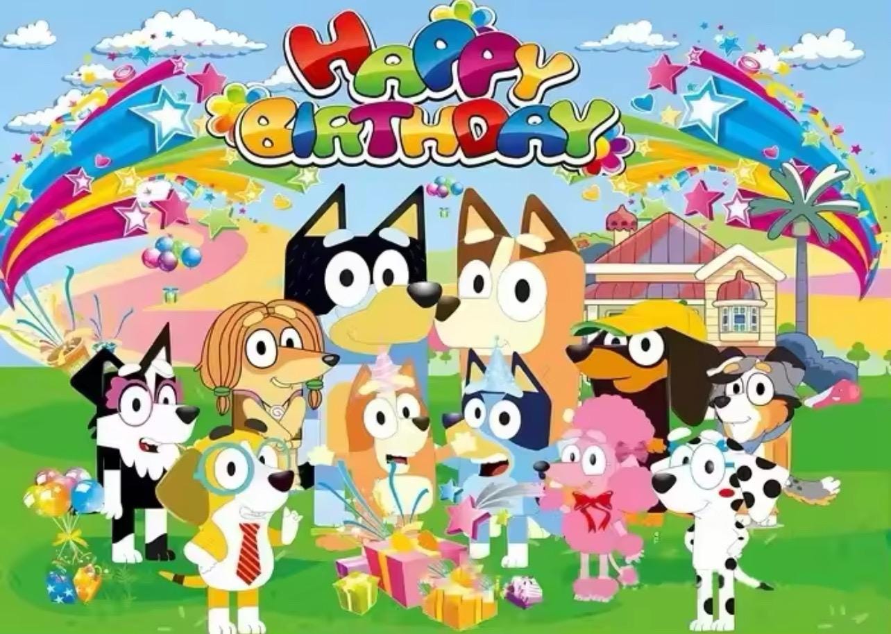 Bluey & Friends Backdrop – Party photo backdrop with characters.