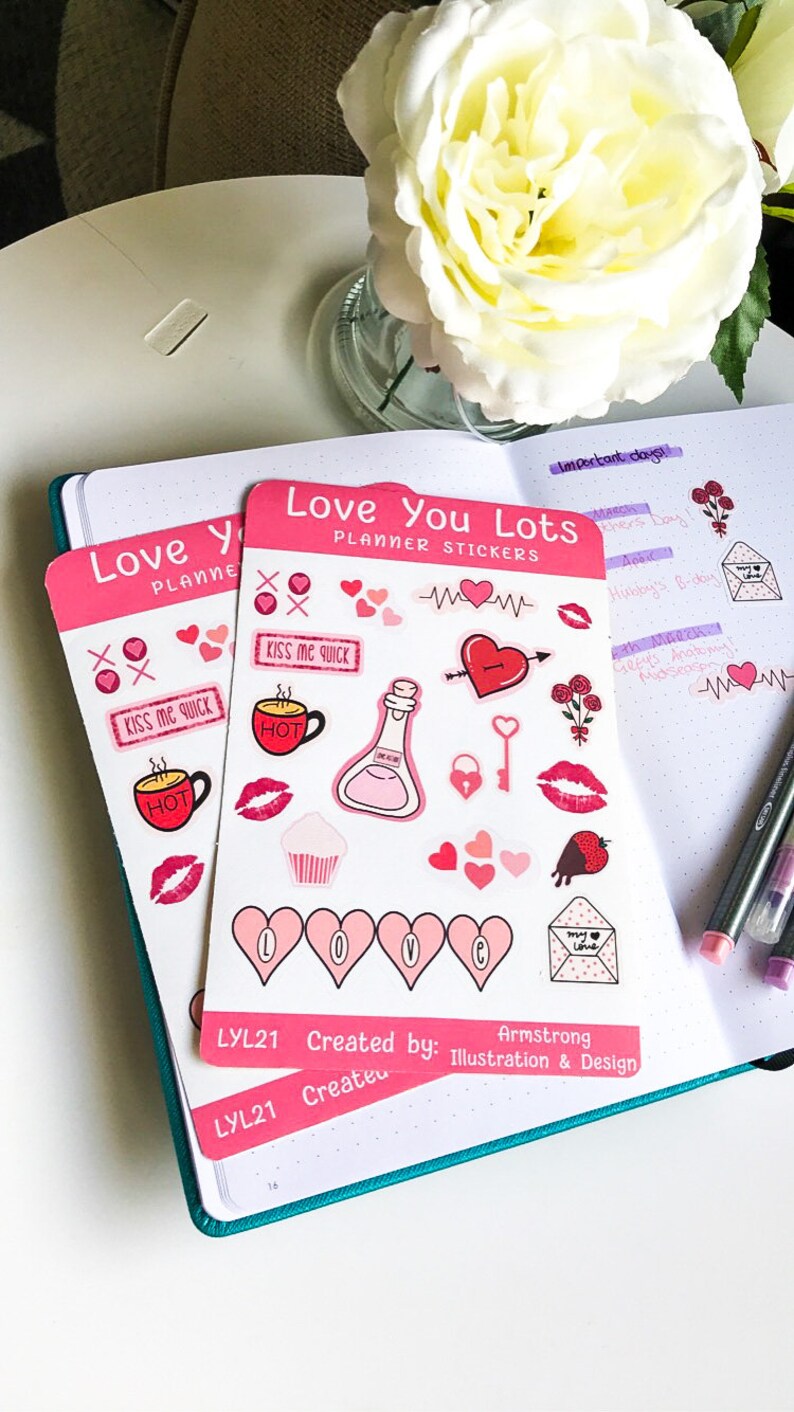 journal and diary stickers die cut planner love themed Love you lots