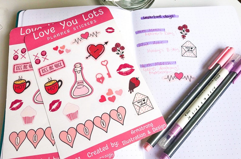 journal and diary stickers die cut planner love themed Love you lots