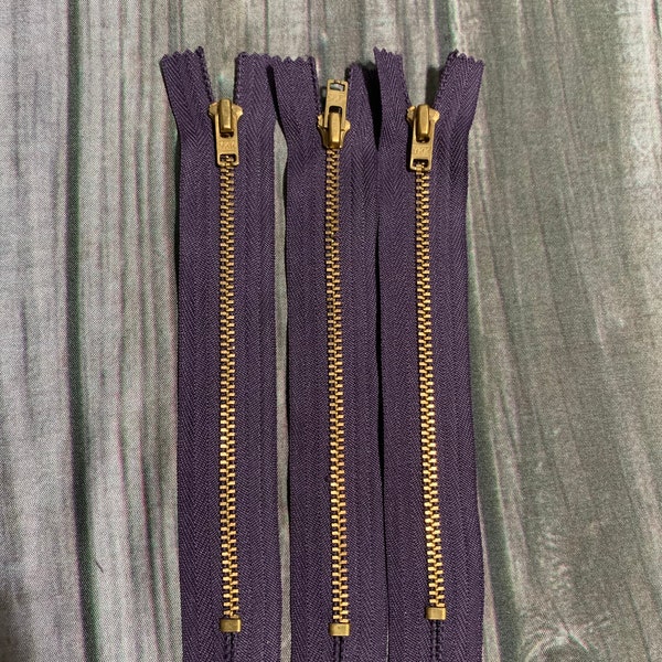 Purple 6” or 15cm Zipper | YKK 45 | Antique Brass Metal Zipper | Closed Ended | Zipper |