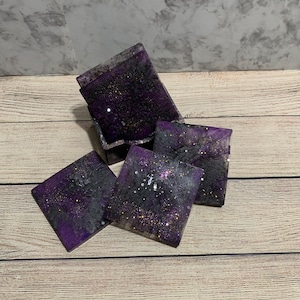 Resin Coasters Set of 5 | Purple & Black Coaster | Gifts | Stocking Stuffer Ideas | Stocking Stuffers | Coaster Set | Housewarming Gift Idea