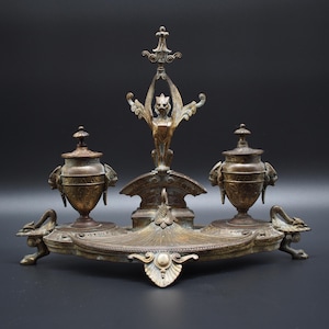 antique french casting bronze Ink pot, two receptacle two lion figure inkwell