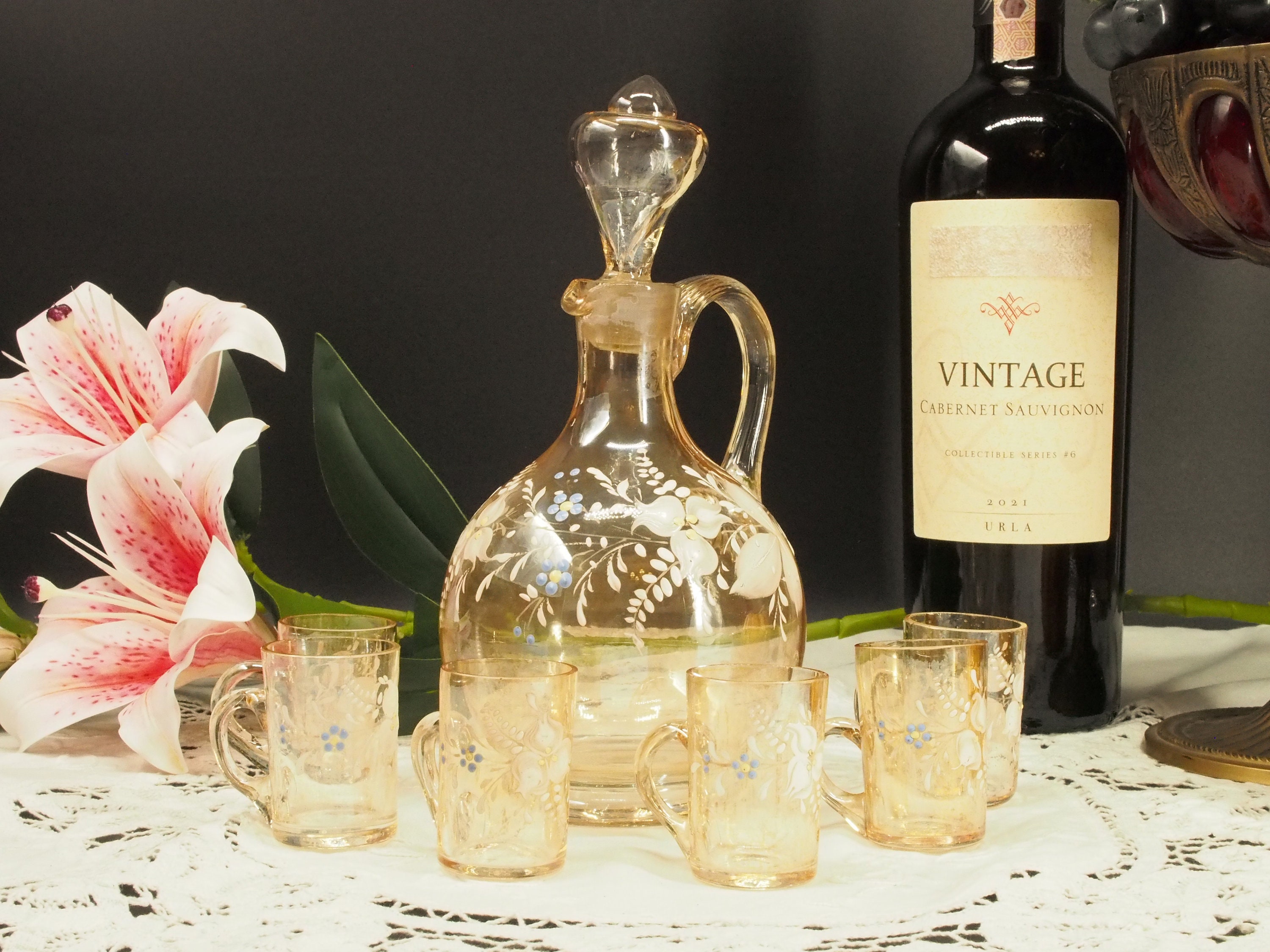 Antique Liquer Drinkware, 1900s French Amber Barware, Glass Blown