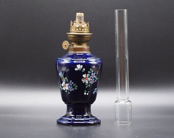 royal blue oil lamp, 1950 antique gas lamp, vintage french kerosene lamp, gift for dad, collectibles for collectors, lightining home decor