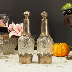 antique liquer drinkware, 1900s crystal glass carafe and 4 liquer glass set, original stopper barware, collectable decander pitcher cafare