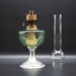 green glass antique oil lamp, silver colored base kerosene lamp, 1930s french fuel lamp, collectibles collectors, vintage lighting, gift dad