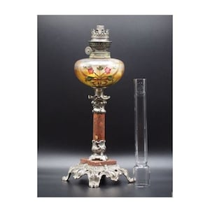 french antique oil lamp, hand painted vintage gas lamp, 1900 decorative kerosene lamp, gift for him, home decoration collectibles