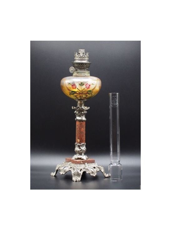 french antique oil lamp, hand painted vintage gas lamp, 1900 decorative kerosene lamp, gift for him, home decoration collectibles