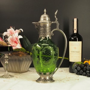 gargoyle figure antique carafe, french 1800s decander, handcrafted pen working on emerald green glass bohemian carafe, gift for collector