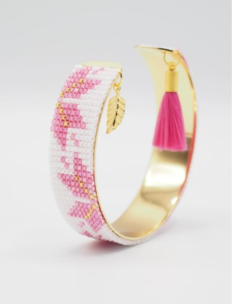 Leaf Design Wristlet Bracelet Femme Pink Cuff Bracelet Miyuki Jewelry Statement Cuff Bracelet Gift for Her Miyuki Beaded Cuff Bracelet
