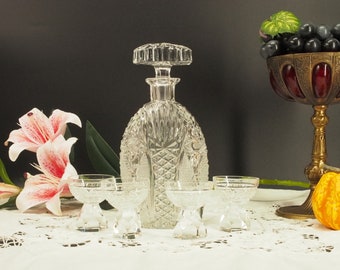 vasos de licor antiguos, jarra de cristal de la década de 1900 y juego de 4 vasos de licor, artículos de bar con tapón original, cafare de jarra decantadora coleccionable