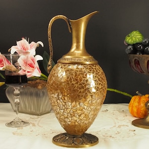 vintage 1960s pitcher, brass mosaic handcrafted carafe, decander gift for collectors