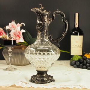 antique art nouveau carafe, 1900s french wine vintage decander, silver plated facet cut glass crystal floral carafe,gift for collector