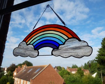 Rainbow Stained Glass Pattern – Rainbow with Clouds Suncatcher Design – Digital Download, Printable Glass Template