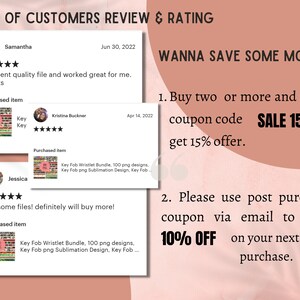 May include: A digital graphic featuring customer reviews and ratings for a key fob wristlet bundle. Text includes FEW OF CUSTOMERS REVIEW & RATING, WANNA SAVE SOME MONEY?, SALE 15, 10% OFF, and details about purchasing two or more items for a discount.