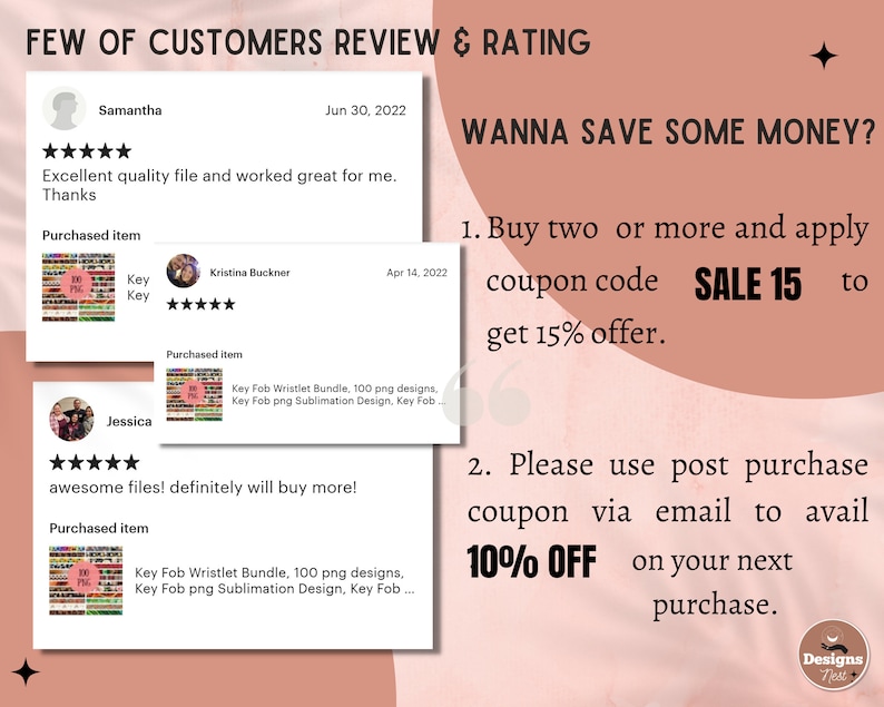 May include: A digital graphic featuring customer reviews and ratings for a key fob wristlet bundle. Text includes FEW OF CUSTOMERS REVIEW & RATING, WANNA SAVE SOME MONEY?, SALE 15, 10% OFF, and details about purchasing two or more items for a discount.